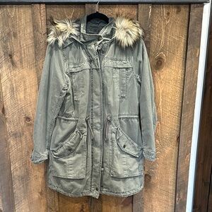 American Eagle Outfitters Olive Utility Jacket with Faux Fur Hood